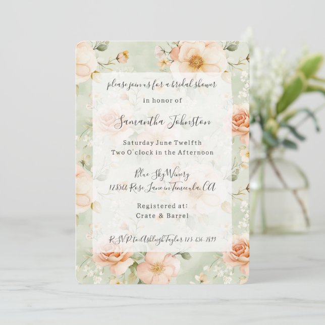 Convite Pretty Mint Peach Floral Bridal Shower (Em pé/Frente)