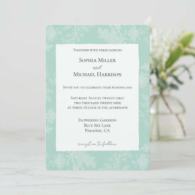 Convite Pretty Mint White Floral Faux Lace Wedding (Em pé/Frente)