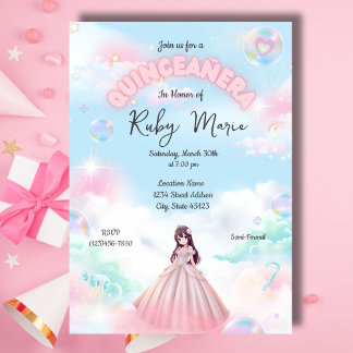 Convite Pretty Pastel Anime Girl Quinceanera Invitation