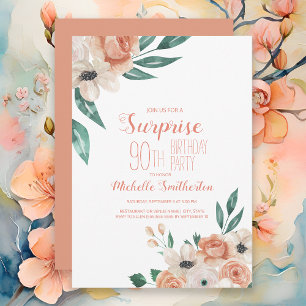 Convite Pretty Peach Cream Floral Aniversário de 90 anos