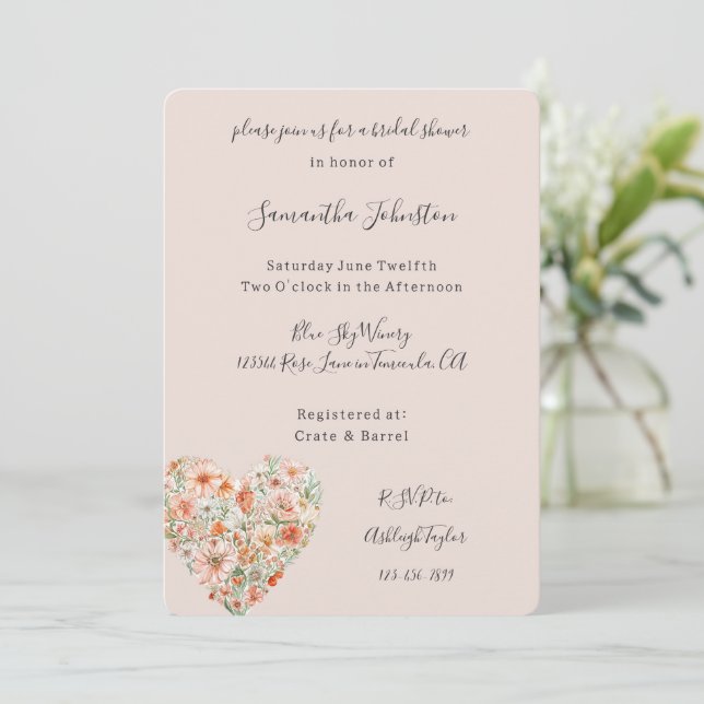 Convite Pretty Peach Floral Heart Bridal Shower (Em pé/Frente)