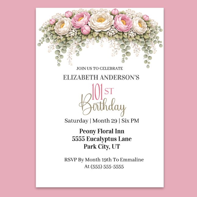 Convite Pretty Pink and White Peony 101st Birthday (Elegant pink and white peony floral 101st birthday invitation)