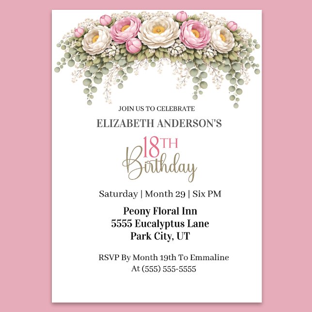 Convite Pretty Pink and White Peony 18th Birthday (Elegant pink peony floral 18th birthday invitation )