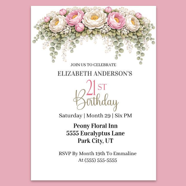 Convite Pretty Pink and White Peony 21st Birthday (Elegant pink peony and eucalyptus floral 21st birthday invitation)