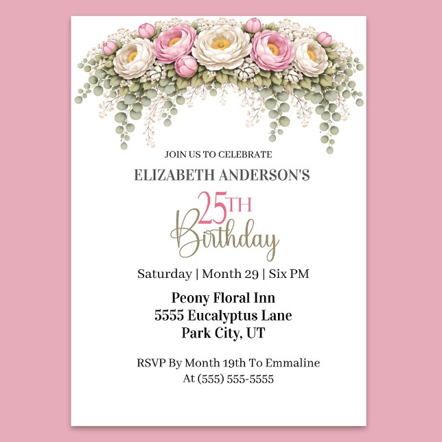 Convite Pretty Pink and White Peony 25th Birthday (Elegant pink peony and eucalyptus floral 25th birthday party invitation)