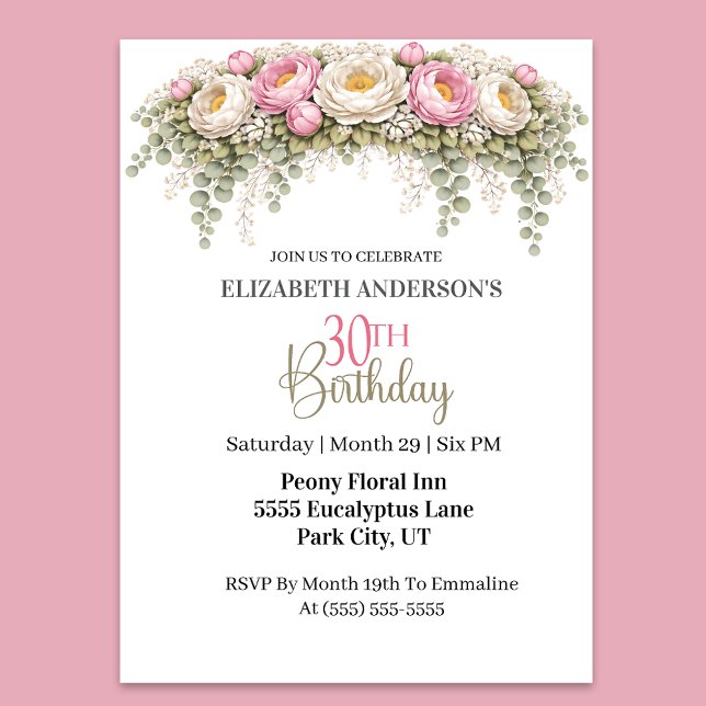 Convite Pretty Pink and White Peony 30th Birthday (Elegant pink peony floral 30th birthday invitation)