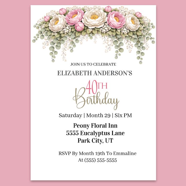 Convite Pretty Pink and White Peony 40th Birthday (Elegant pink peony and eucalyptus floral 40th birthday party invitation for women
)
