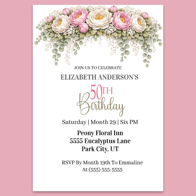Convite Pretty Pink and White Peony 50th Birthday (Elegant pink and ivory peony floral 50th birthday party invitation )