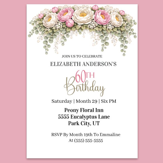 Convite Pretty Pink and White Peony 60th Birthday (Elegant pink peony and eucalyptus floral 60th birthday invitation)