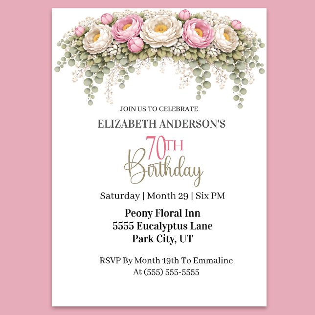 Convite Pretty Pink and White Peony 70th Birthday (Elegant pink and white peony floral 70th birthday invitation)