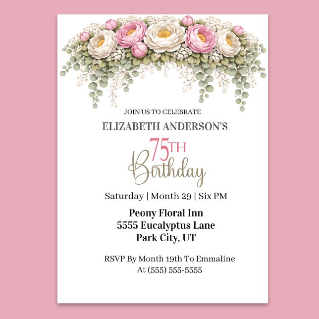 Convite Pretty Pink and White Peony 75th Birthday (Elegant pink and white peony floral 75th birthday invitation)