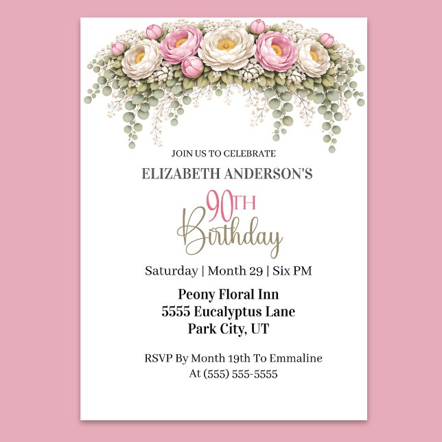 Convite Pretty Pink and White Peony 90th Birthday (Elegant pink and ivory peony floral 90th birthday invitation)