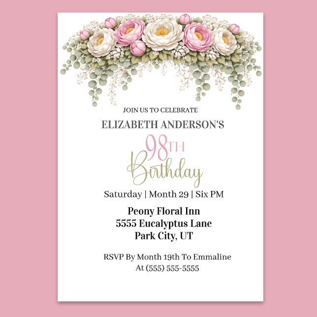 Convite Pretty Pink and White Peony 98th Birthday (Elegant pink and white peony floral 98th birthday invitation)