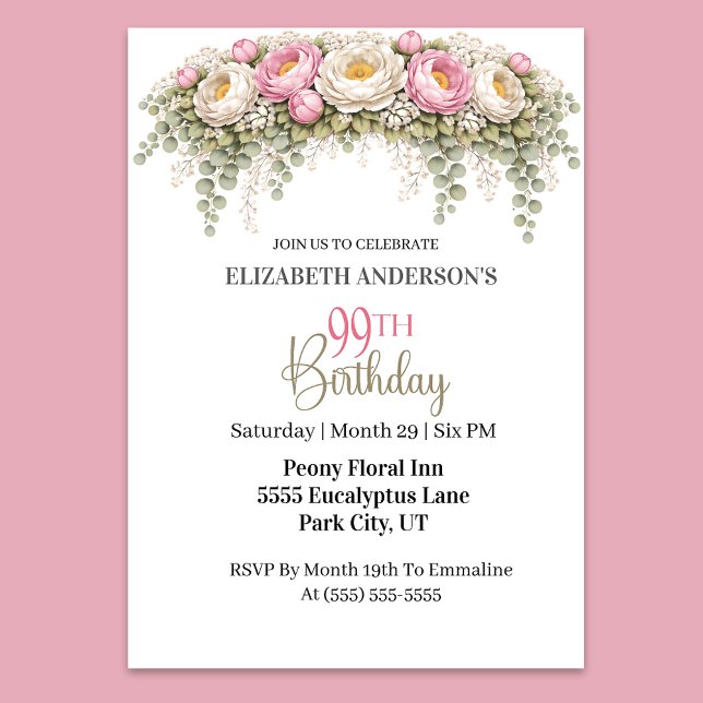 Convite Pretty Pink and White Peony 99th Birthday (Elegant pink and white peony floral 99th birthday invitation)