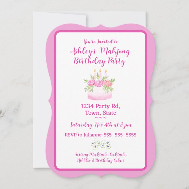 Convite Pretty Pink Cake Mahjong Birthday Party Invitation (Frente)
