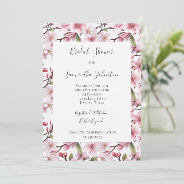 Convite Pretty Pink Cherry Blossom Floral Bridal Shower (Em pé/Frente)