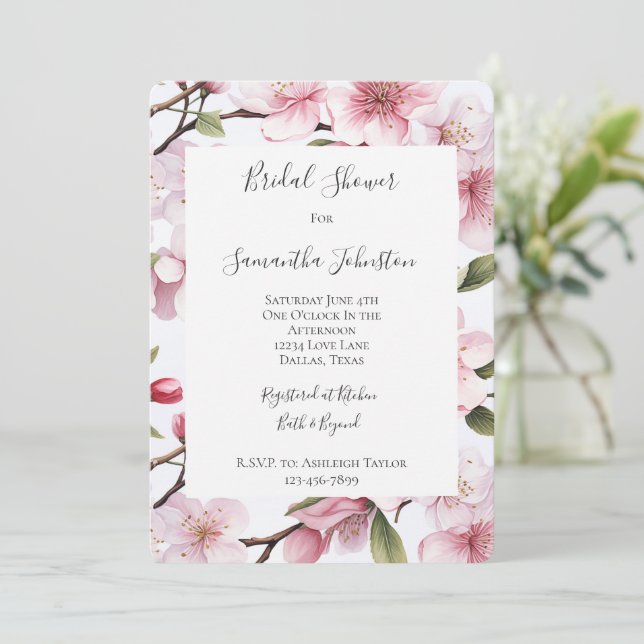 Convite Pretty Pink Cherry Blossom Flowers Bridal Shower (Em pé/Frente)