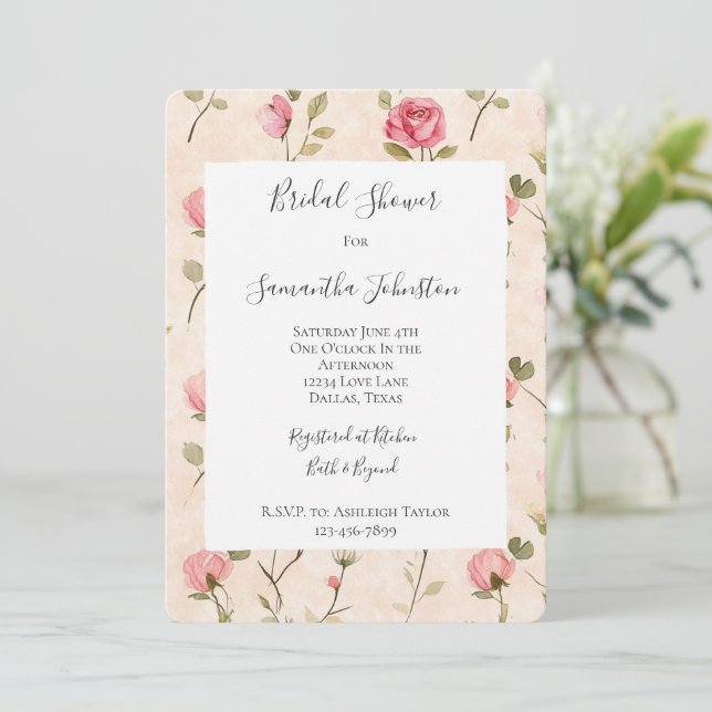 Convite Pretty Pink Cream Roses Floral Bridal Shower (Em pé/Frente)