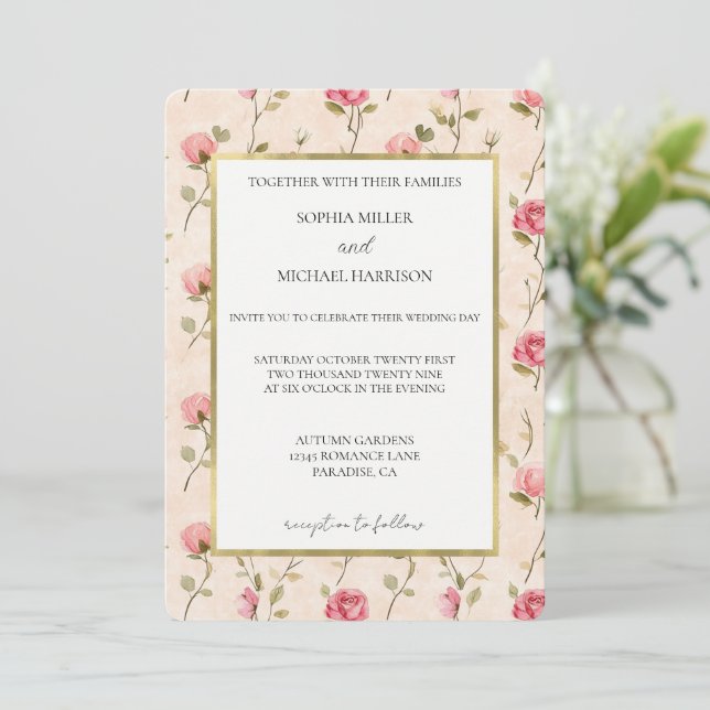 Convite Pretty Pink Cream Roses Floral Wedding (Em pé/Frente)