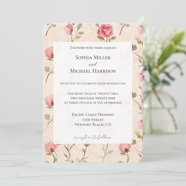 Convite Pretty Pink Cream Roses Floral Wedding (Em pé/Frente)
