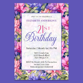 Convite Pretty Pink Purple Garden Flowers 21st Birthday