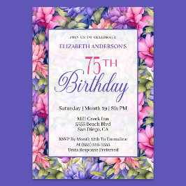Convite Pretty Pink Purple Garden Flowers 75th Birthday 