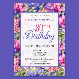 Convite Pretty Pink Purple Garden Flowers 80th Birthday