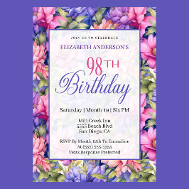 Convite Pretty Pink Purple Garden Flowers 98th Birthday