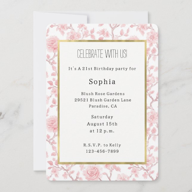 Convite Pretty Pink Roses Floral Birthday (Frente)