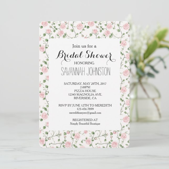 Convite Pretty Pink Roses Floral Bridal Shower (Em pé/Frente)