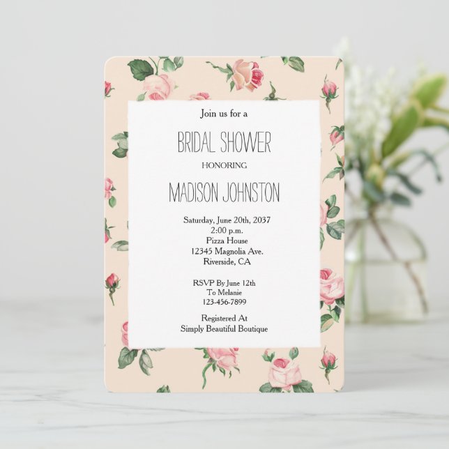 Convite Pretty Pink Roses Floral Bridal Shower (Em pé/Frente)