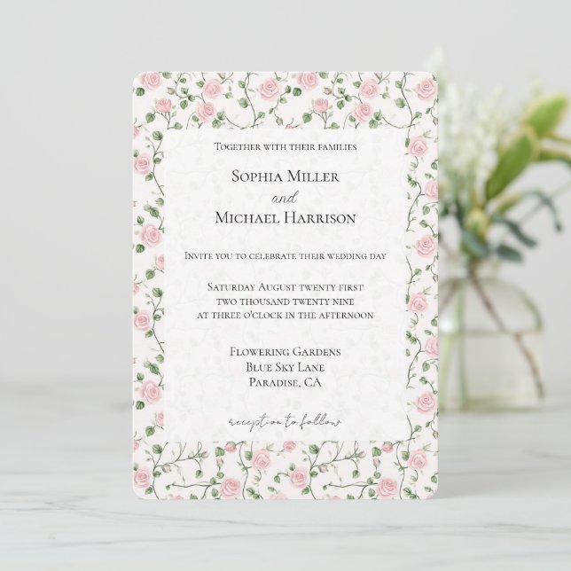 Convite Pretty Pink Roses Floral Wedding (Em pé/Frente)