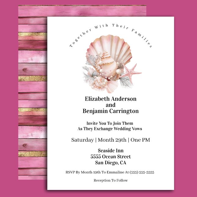 Convite Pretty Pink Seashell and Pearls Wedding (Criador carregado)