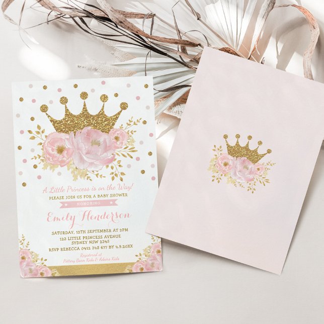 Convite Pretty Princess Gold Crown Pink Floral Baby Shower (Criador carregado)