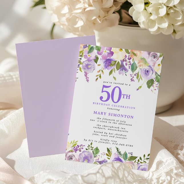 Convite Pretty Purple Floral 50th Birthday Party (Criador carregado)