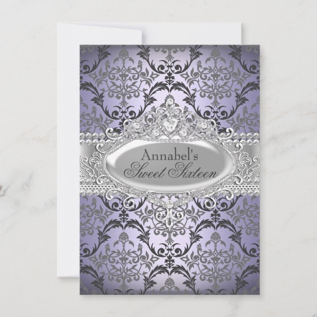 Convite Pretty Purple & Silver Damask Sweet 16 (Frente)