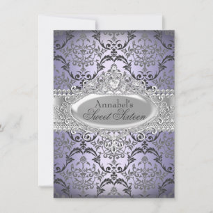 Convite Pretty Purple & Silver Damask Sweet 16