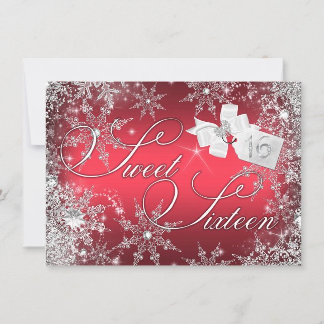 Convite Pretty Red Snowflake Sweet 16 (Frente)
