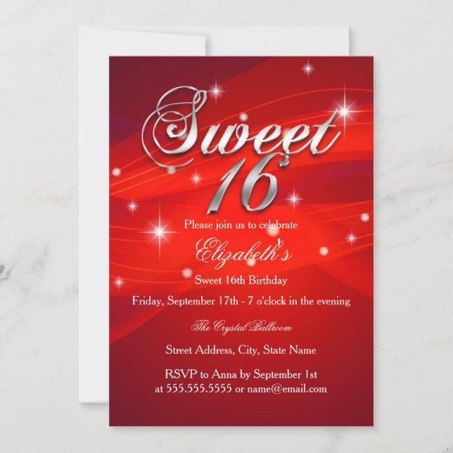 Convite Pretty Red Sparkle Sweet Sixteen (Frente)