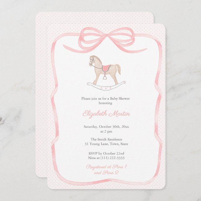 Convite Pretty Rocking Horse Pink Bow Girl Baby Shower  (Frente/Verso)