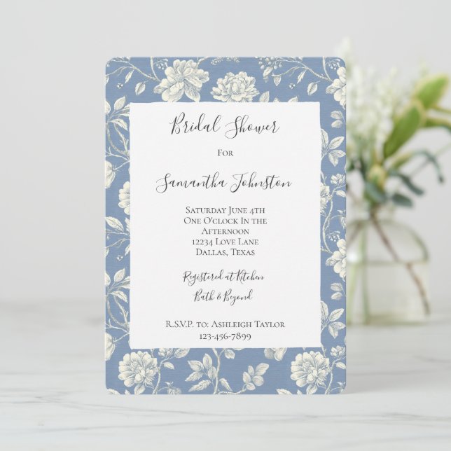 Convite Pretty Romantic Blue Cream Flowers Bridal Shower (Em pé/Frente)