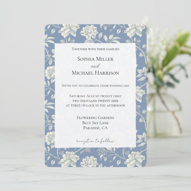 Convite Pretty Romantic Blue Cream Flowers Wedding (Em pé/Frente)