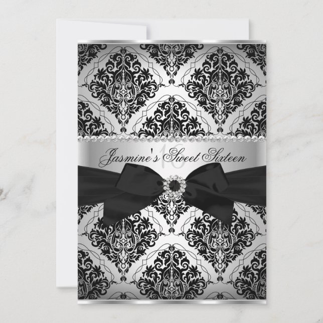 Convite Pretty Silver & Black Damask Sweet 16 (Frente)