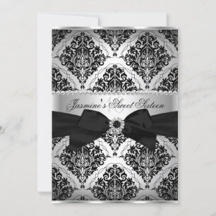 Convite Pretty Silver & Black Damask Sweet 16