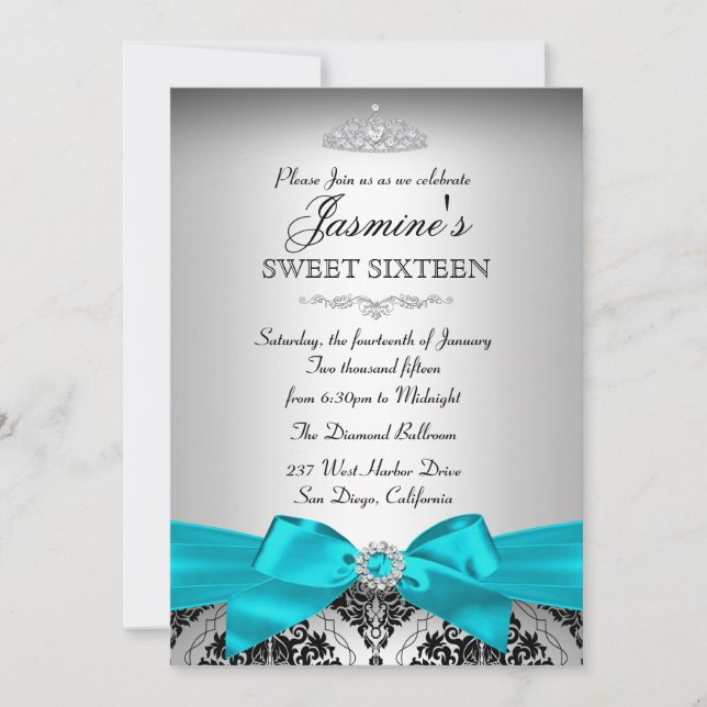 Convite Pretty Silver & Teal Damask Sweet 16 (Frente)
