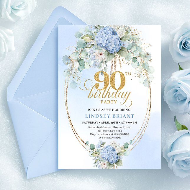 Convite Pretty Soft Blue Hydrangea Gold 90th Birthday Card (Pretty Soft Blue Hydrangea Gold 90th Birthday Card)
