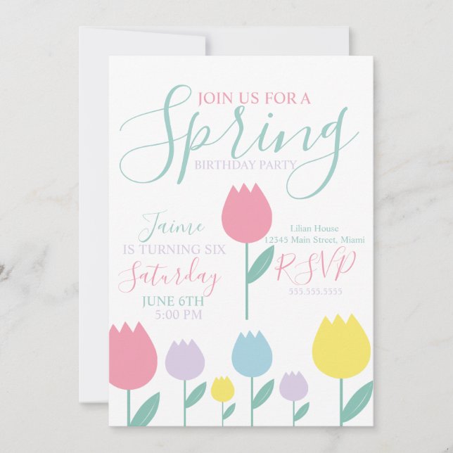 Convite Pretty Spring Tulips Pastel Floral Birthday Party (Frente)