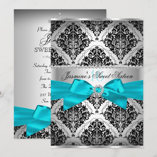 Convite Pretty Teal & Black Damask Sweet 16 (Frente/Verso)