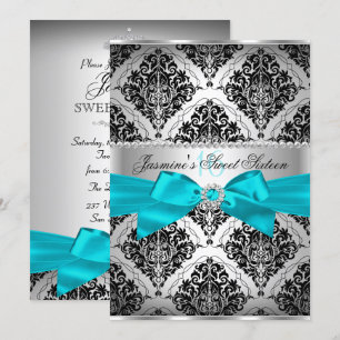 Convite Pretty Teal & Black Damask Sweet 16