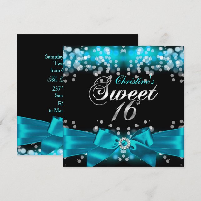 Convite Pretty Teal Bow & Sparkle Sweet Sixteen (Frente/Verso)